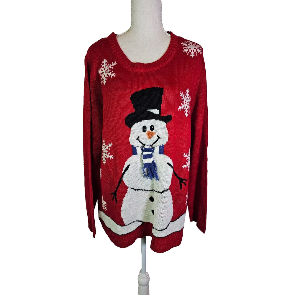 Carolyn Taylor Women's Christmas Sweater, Size 2X Snowman, Ugly Sweater Red